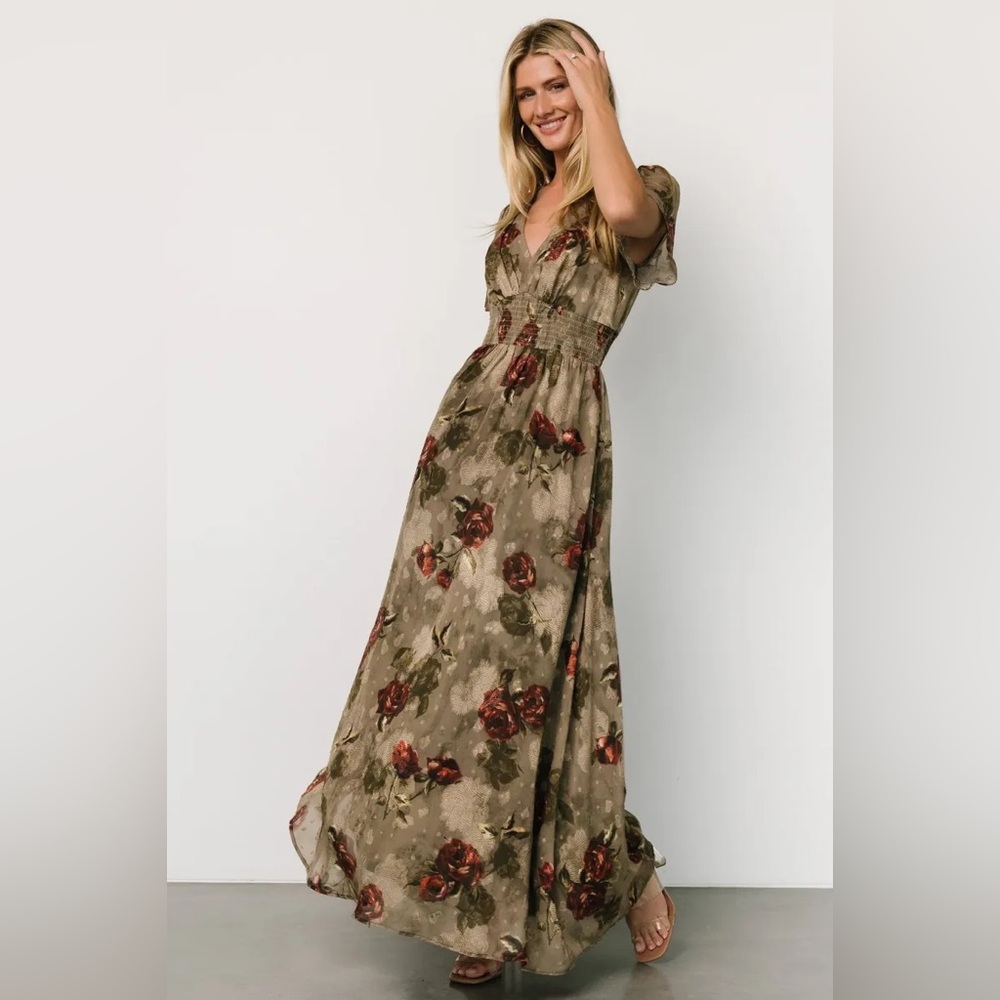 Baltic Born Olive Maxi Dress with Deep Red Burgundy Rose Print